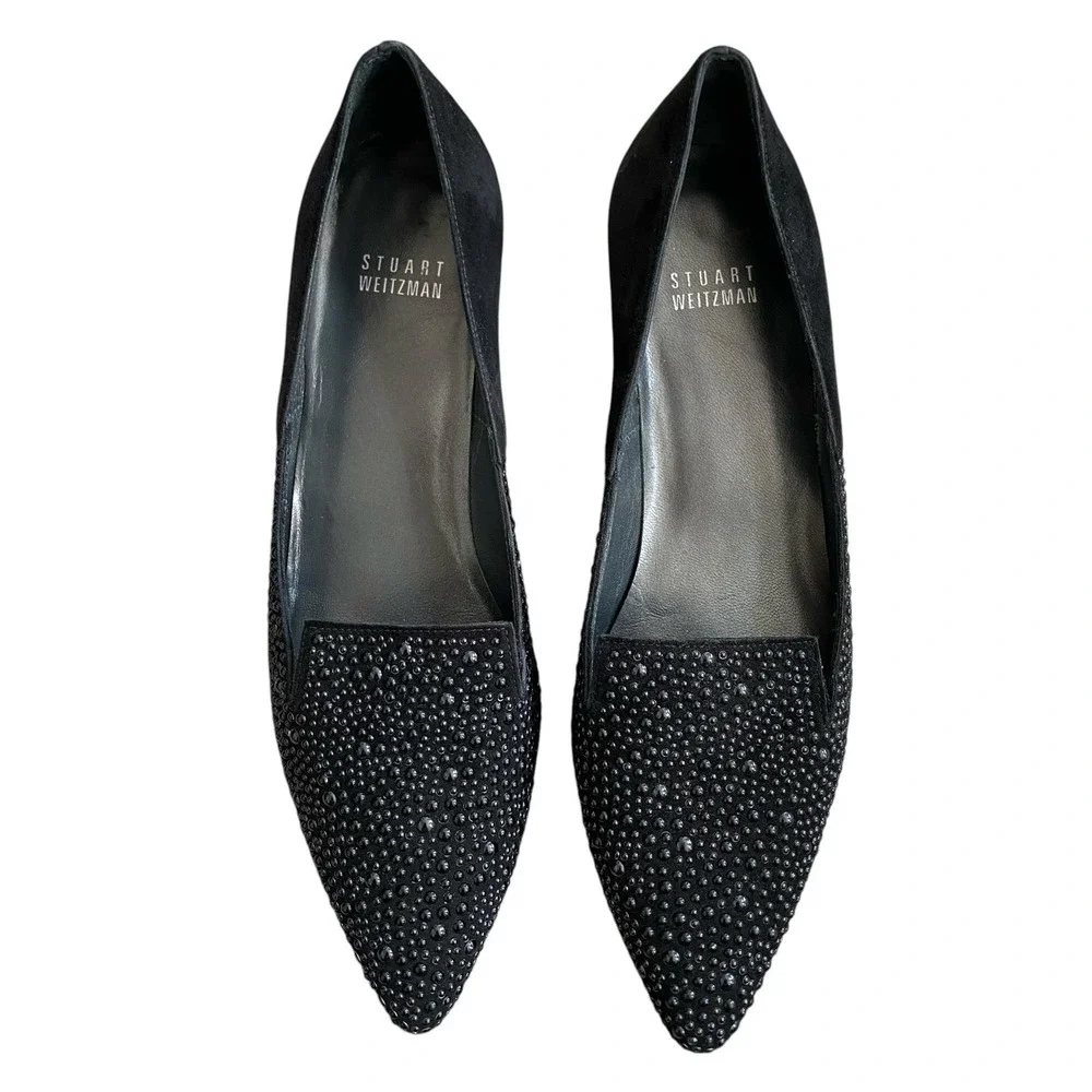 Stuart Weitzman Studzie Patent Dress Pumps 7.5M Black Suede Leather Glam Chic